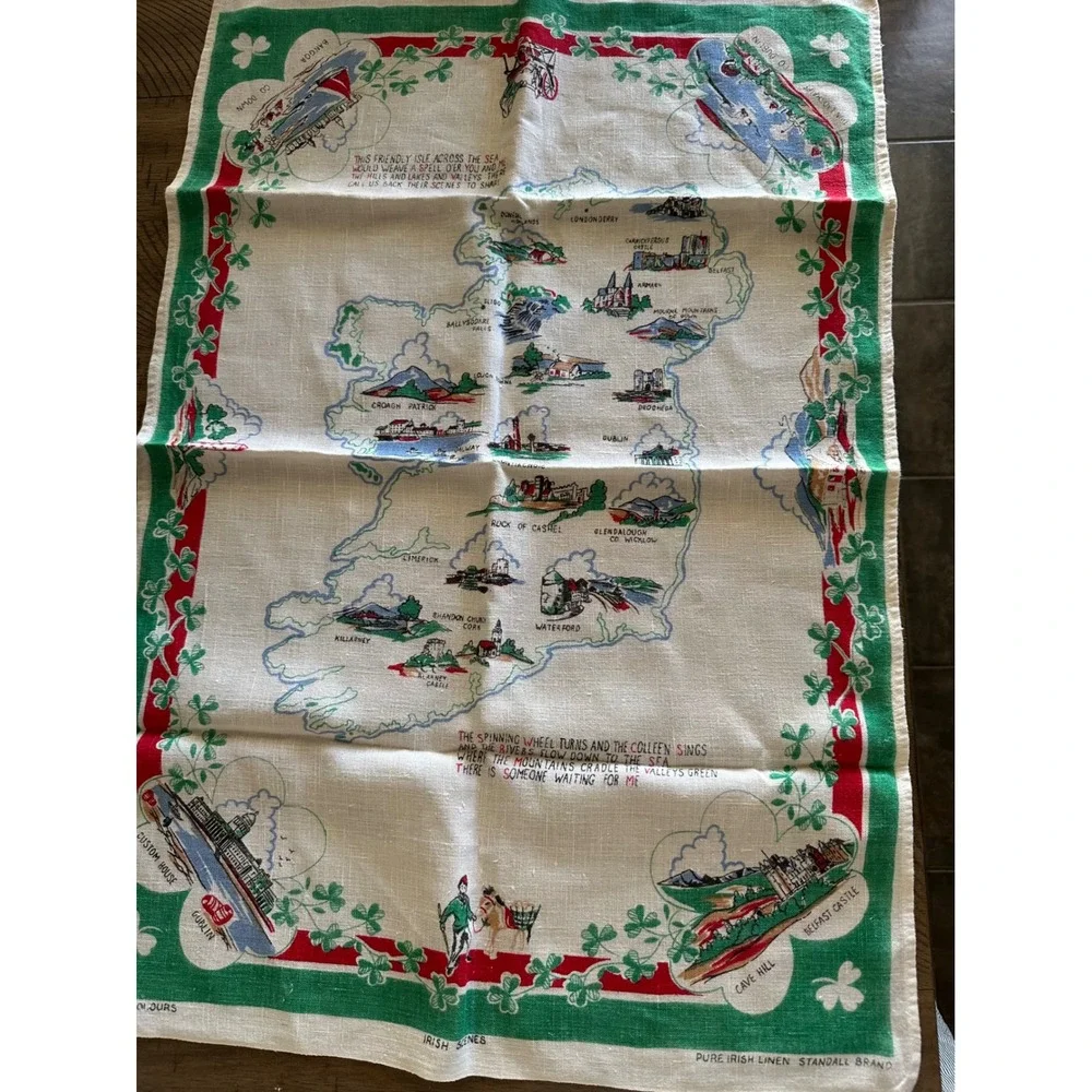 Vintage Pure Irish Linen Tea Towel Map of Ireland Souvenir, Mid-Century